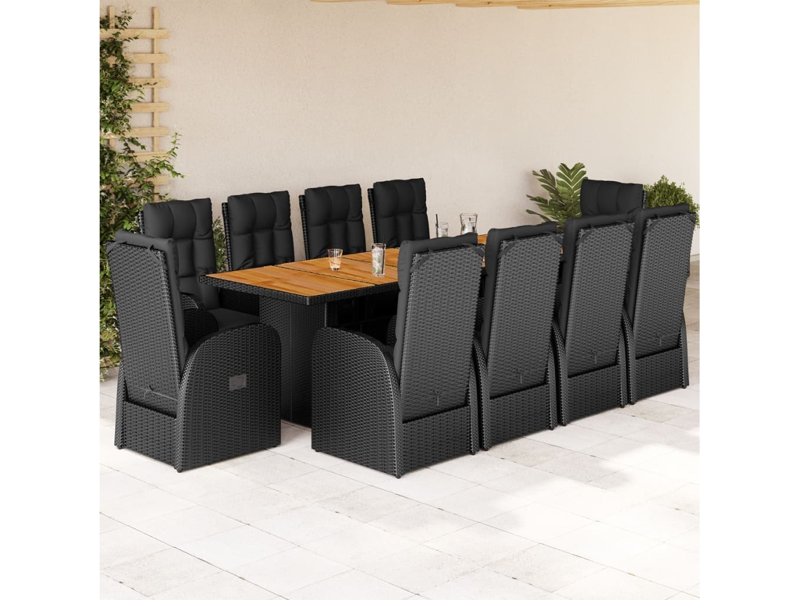 Conjunto 11 Peças Jantar P/ Jardim C/ Almofadões Vime Pe Preto Dkd Home Decor