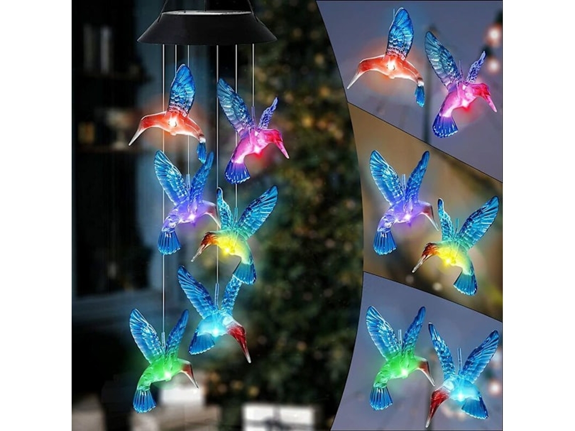 Sino De Vento Solar Led Beija-flor Com Mudança De Cor