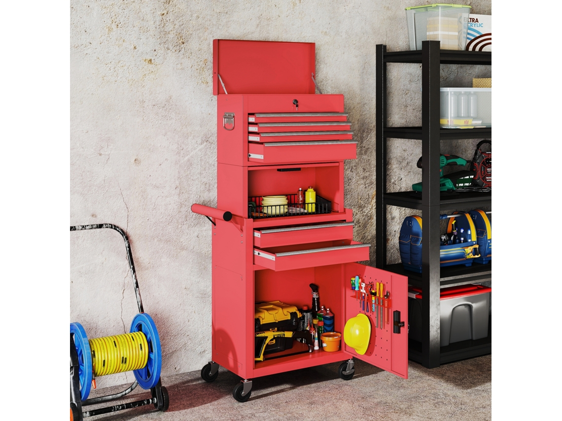 Carrinho Vermelho Para Ferramentas, 6 Gavetas, Rodas, Painel Lateral Perfurado E Caixa Desmontável, 60,5 X 33,5 X 131 Cm