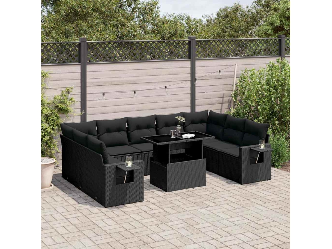 Vidaxl 10 Pcs Conjunto Sofás De Jardim C/ Almofadões Vime Pe Preto