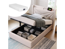 Cama Estofada Solteiro 90x200cm, Usb Type-c, Ripas Madeira. Linho, Estrutura Ripas. Com Colchão.-op