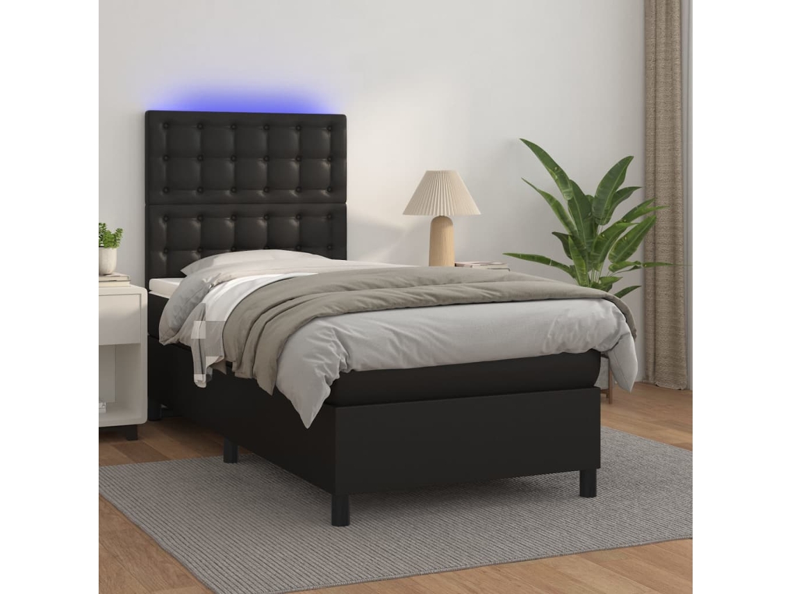 Vidaxl Cama Box Spring C/ Colchão/led 100x200cm Couro Artificial Preto