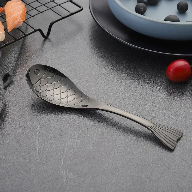 Colheres de Aço Inoxidável em Formato de Peixe, Próprias para Alimentos, Ideais para Sobremesas com Sorvete. MDUG (preto, 17 Cm, 3 Peças)