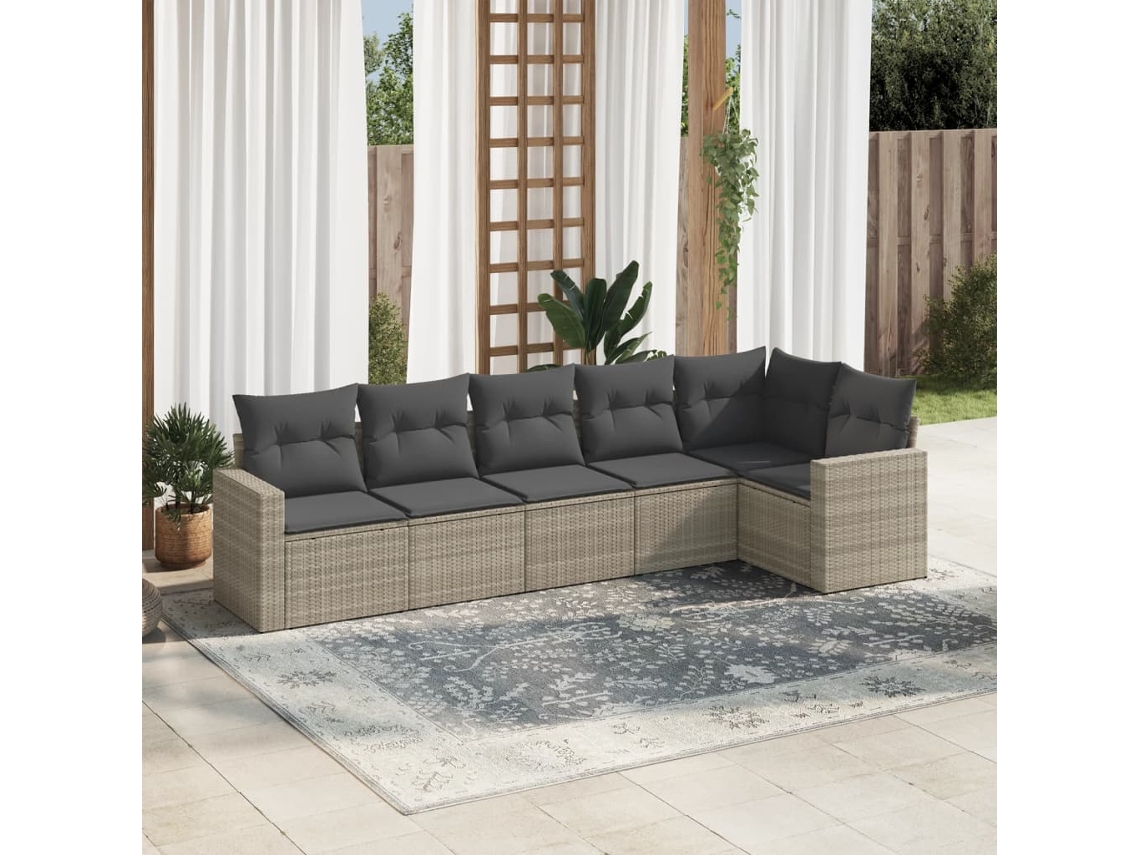 Vidaxl 6 Pcs Conj. Sofás Jardim Com Almofadões Vime Pe Cinzento-claro