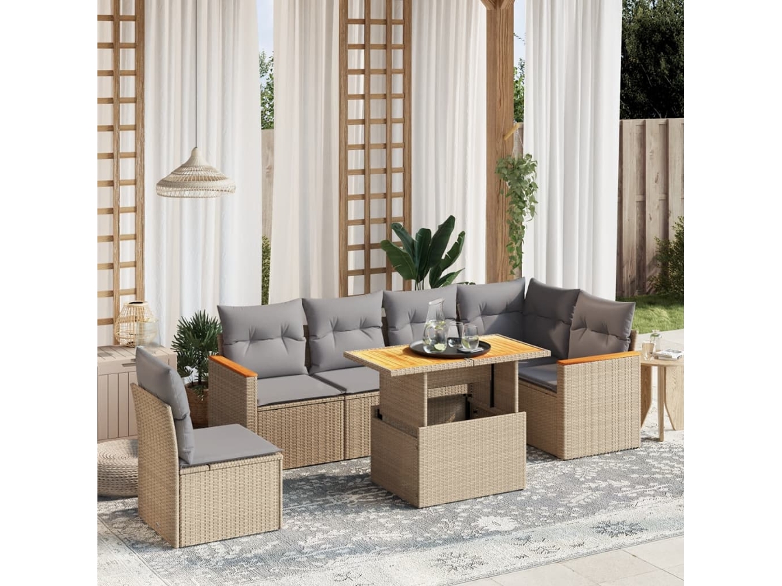 Vidaxl 7 Pcs Conjunto De Sofás P/ Jardim Com Almofadões Vime Pe Bege
