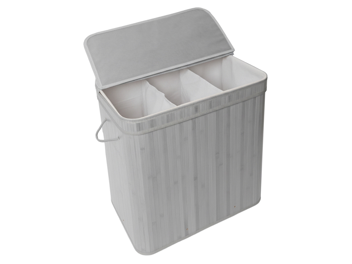 Relaxdays Cesto De Roupa Suja Com Tampa, Bambu, 150 L, 3 Compartimentos, 61,5×61×41,5 Cm, Casa De Banho, Cinzento