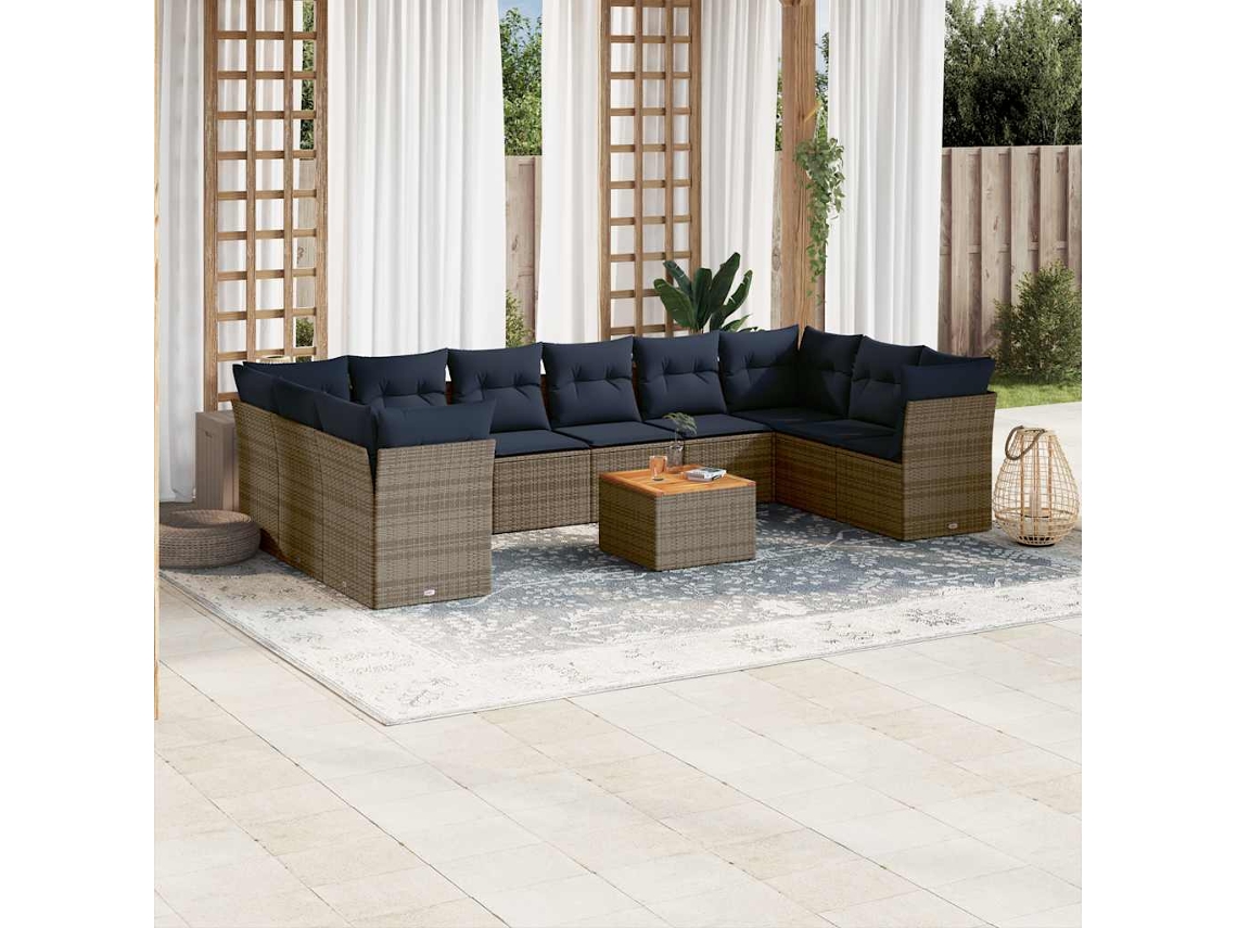 Vidaxl 11 Pcs Conjunto Sofás De Jardim C/ Almofadões Vime Pe Cinzento