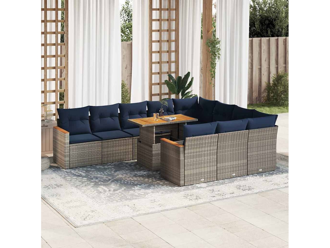 Vidaxl 11 Pcs Conjunto Sofás De Jardim C/ Almofadões Vime Pe Cinzento