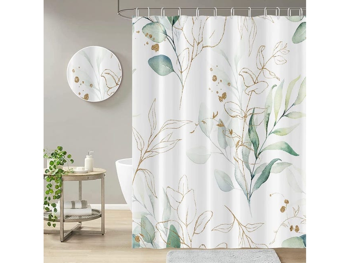 Cortina De Chuveiro Antimofo Com Estampa De Folhas Verdes, Cortina De Banheiro Em Tecido De Poliéster, 180 X 180 Cm, 12 Ganchos.