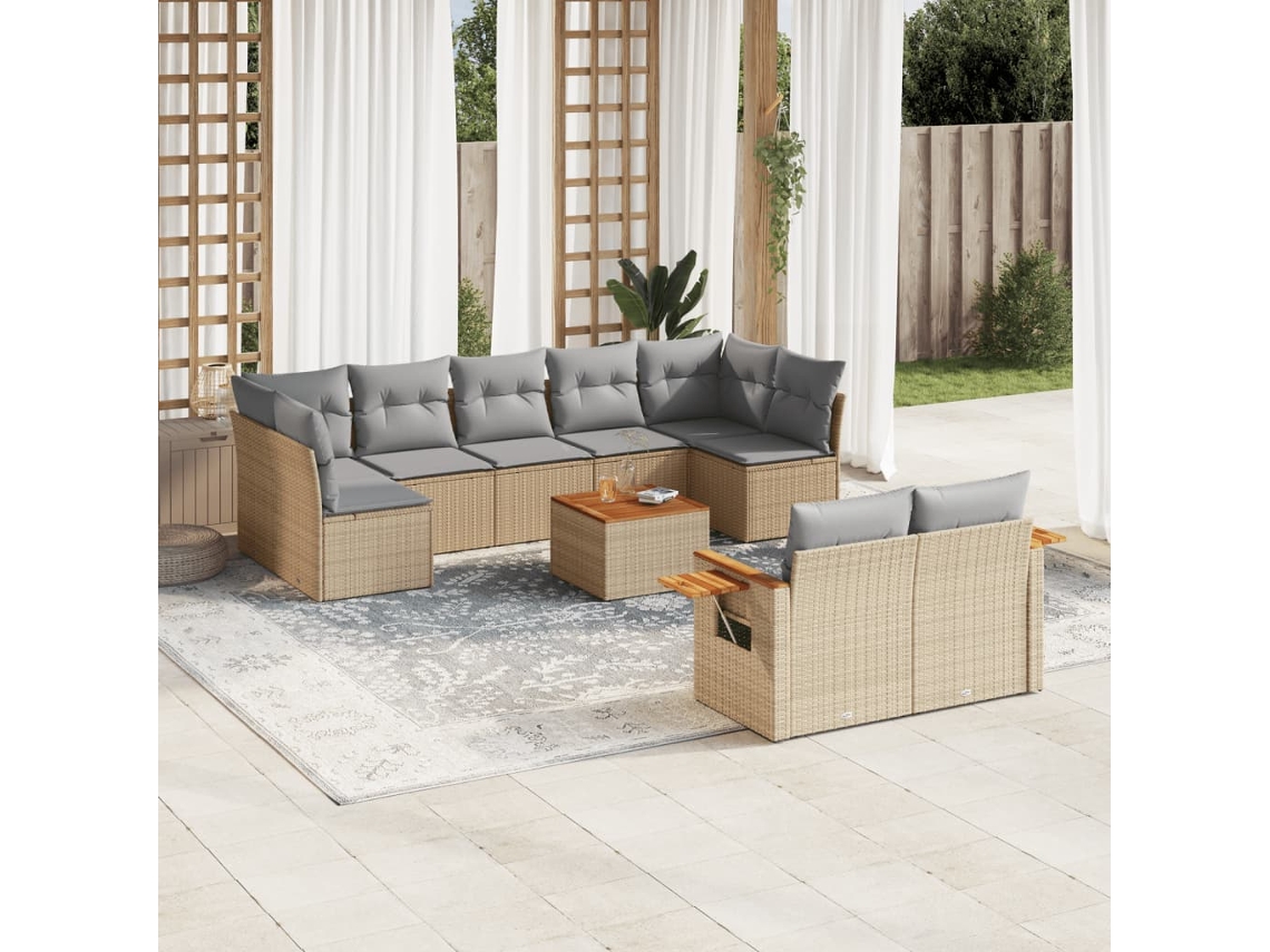 10 Pcs Conjunto De Sofás P/ Jardim Com Almofadões Vime Pe Bege Dkd Home Decor