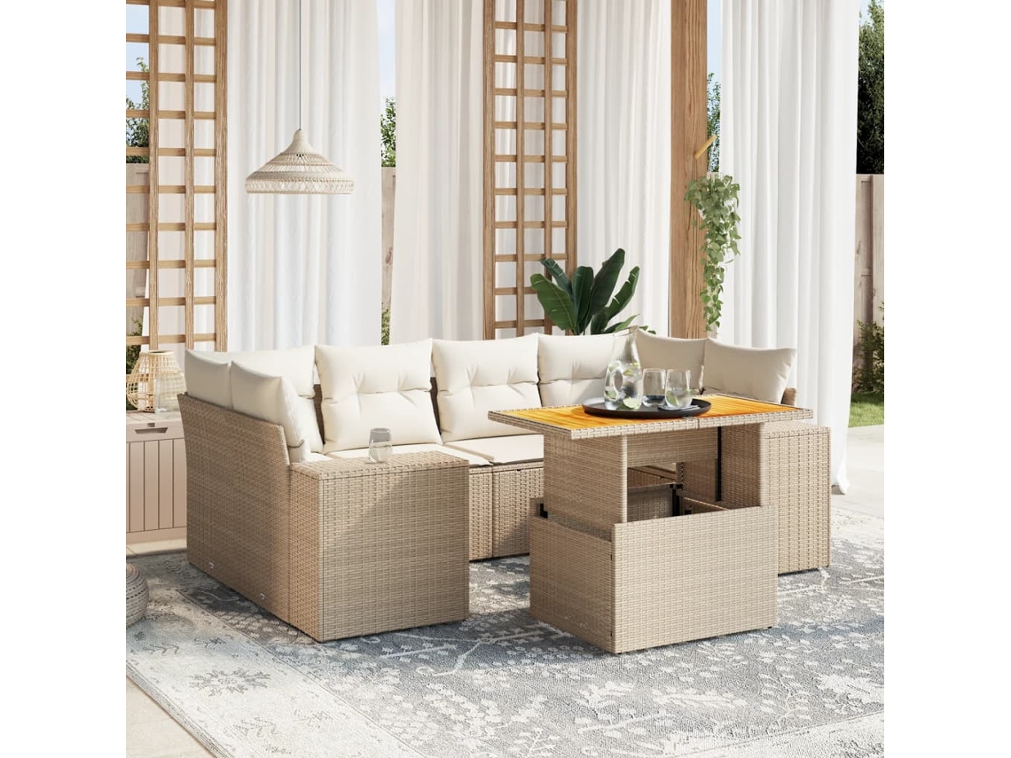 Vidaxl 7 Pcs Conjunto De Sofás P/ Jardim Com Almofadões Vime Pe Bege