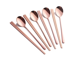 Conjunto de 4 pares de pauzinhos coreanos em aço inoxidável 304 rosa dourado para culinária asiática.