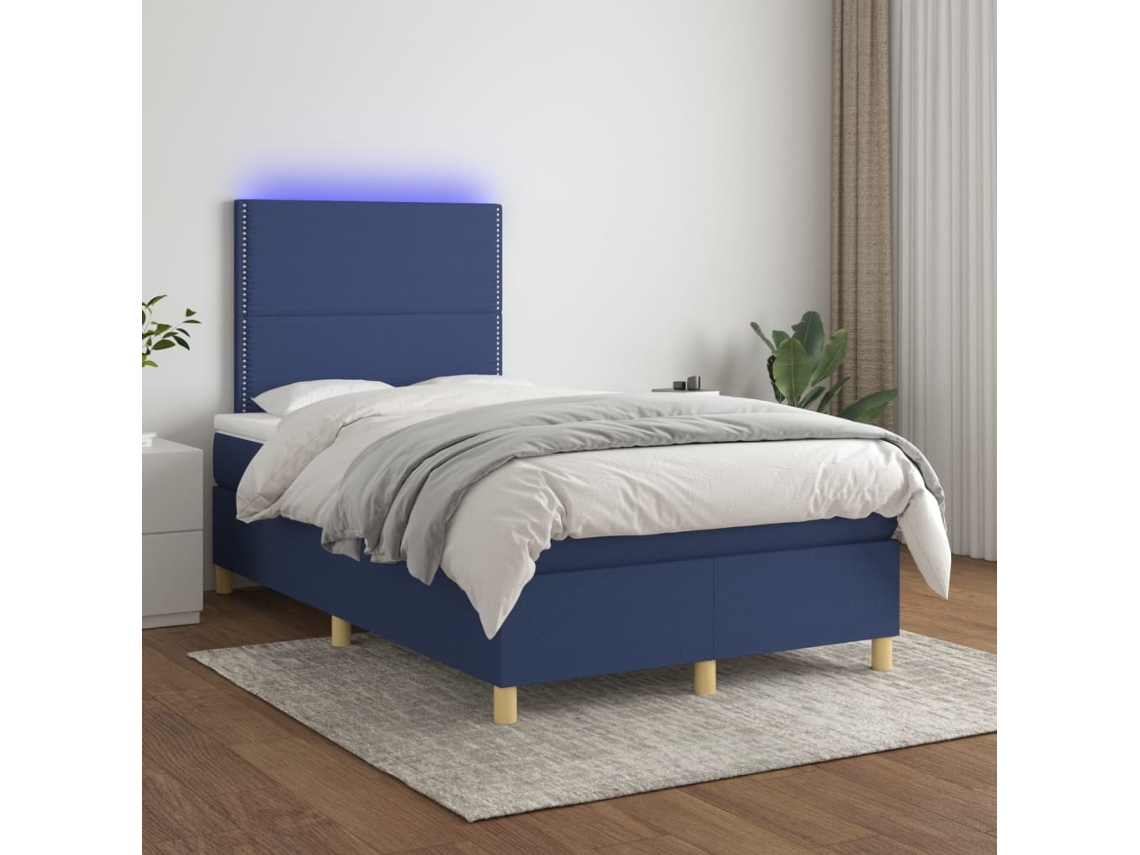 Vidaxl Cama Box Spring C/ Colchão E Led 120x200 Cm Tecido Azul