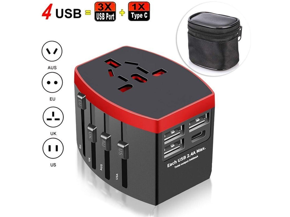 Adaptador universal de viagem com 4 portas USB, plug internacional, preto