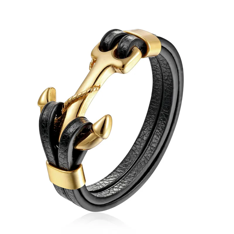 Pulseira Masculina Em Couro Genuíno Com Pingente De Âncora E Fecho Em Aço Inoxidável.