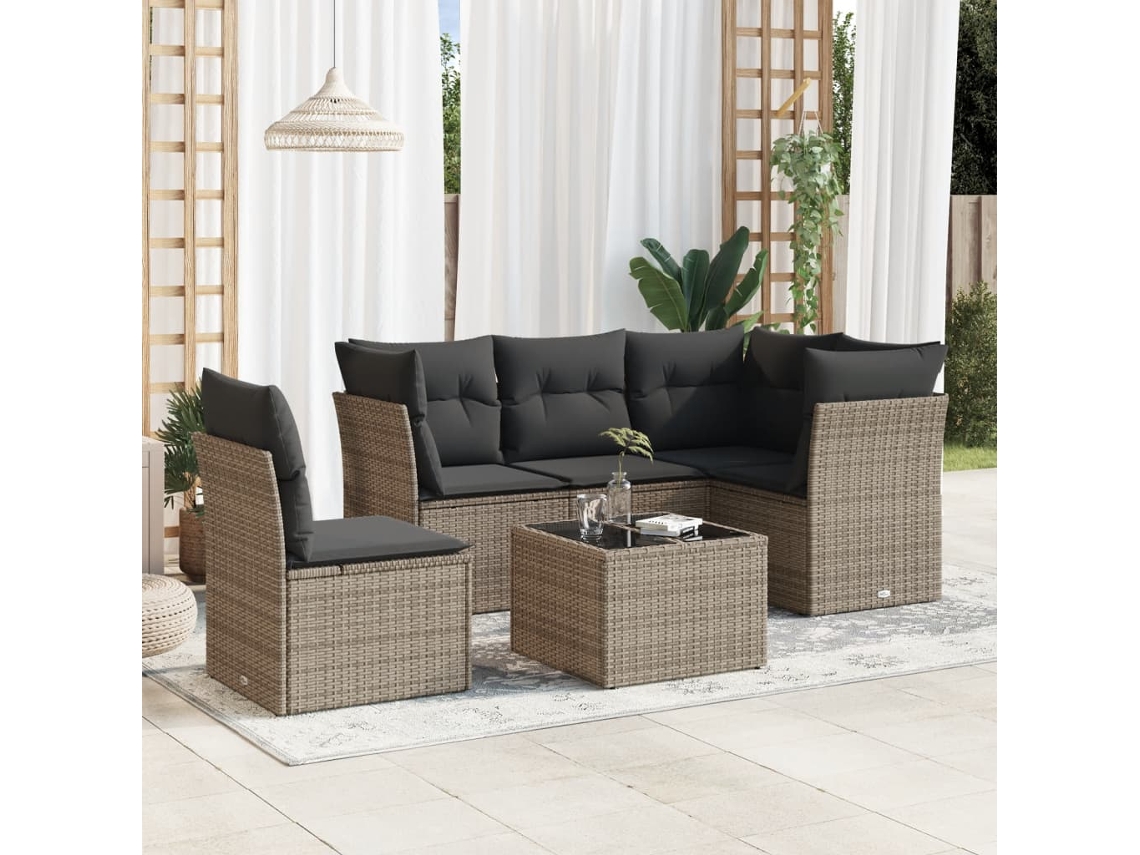 Vidaxl 6 Pcs Conjunto Sofás De Jardim Com Almofadões Vime Cinzento