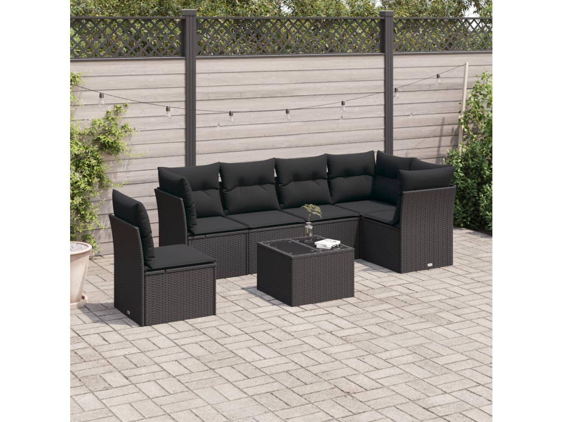 Vidaxl 7 Pcs Conjunto de Sofás P/ Jardim C/ Almofadões Vime Pe Preto