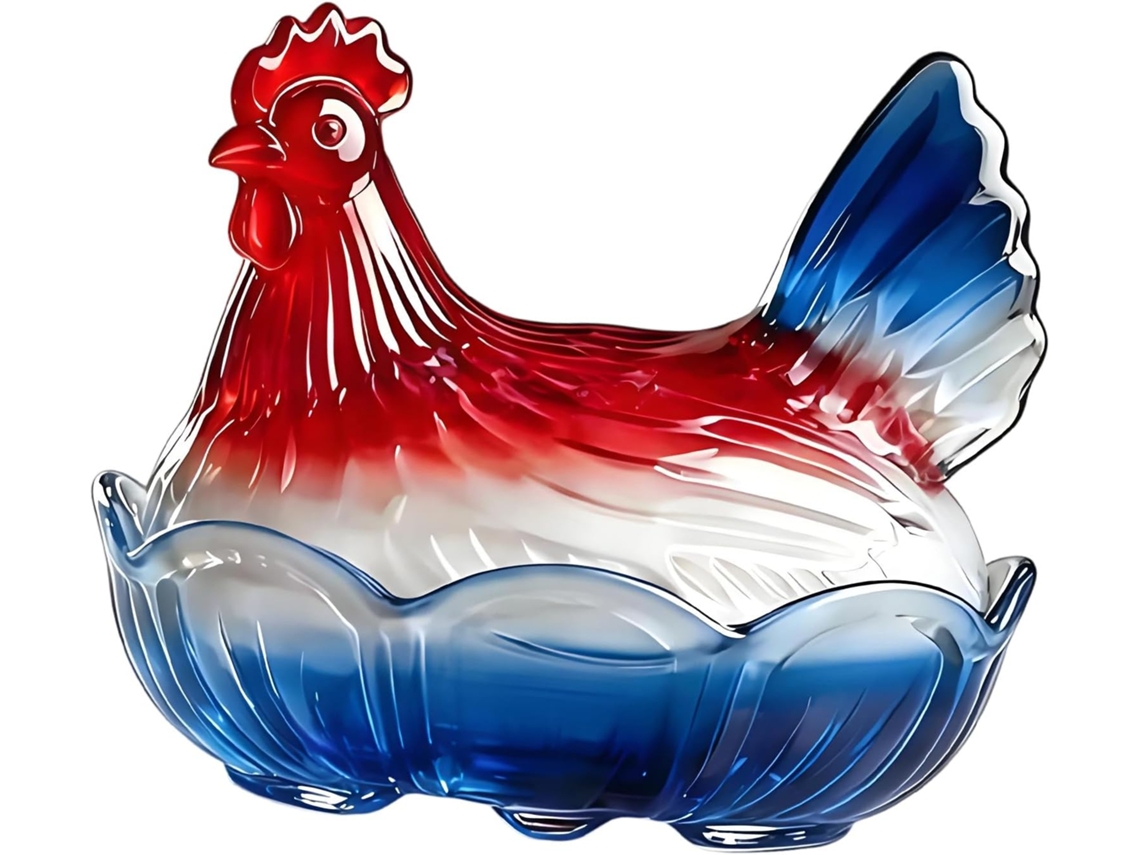 Recipiente De Vidro Em Formato De Galinha Nas Cores Vermelha, Branca E Azul, Para Doces E Para O 4 De Julho