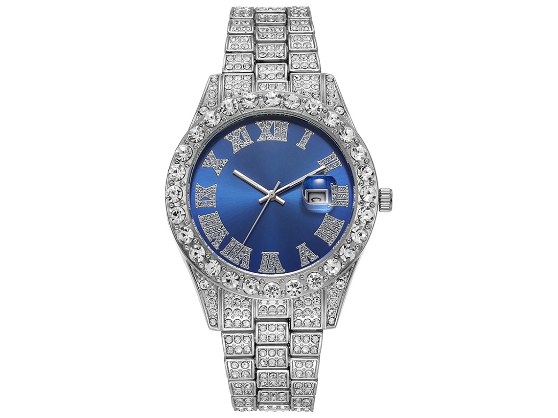 Relógio homem pulseira aço com diamantes estilo hip-hop. Calendário e design elegante de quartzo.