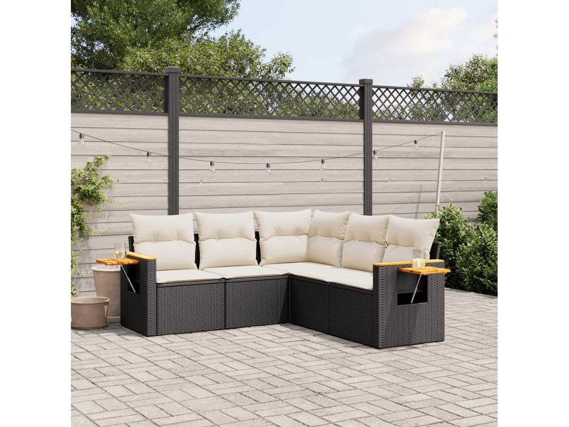 Vidaxl 5 Pcs Conjunto Sofás De Jardim Com Almofadões Vime Pe Preto