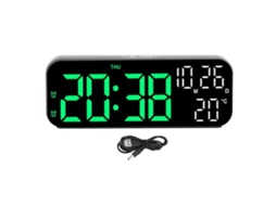 Relógio digital LED Baok com tela dupla, controle de voz, brilho ajustável, data, temperatura, cronômetro regressivo e alarme, nas cores preto e verde.