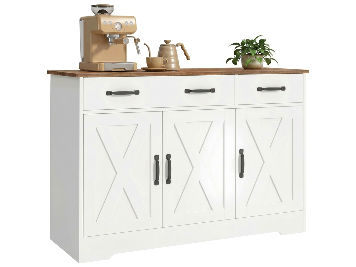 Aparador De Cozinha, Móvel De Arrumação Com 3 Portas De Correr Estilo Celeiro, 2 Gavetas E Prateleiras Ajustáveis, 108 X 40 X 81 Cm, Branco