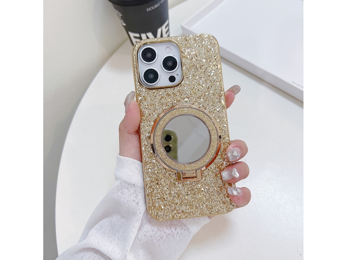 Suporte Casa Para Iphone 15 Pro Max Pele Sintética Dourado