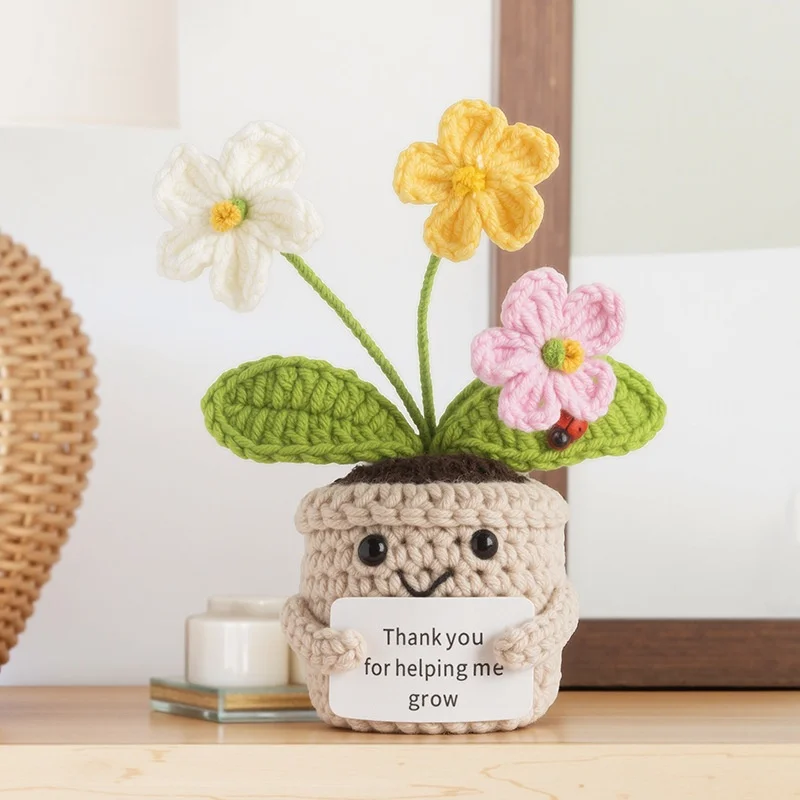 Flor Artificial De Crochê, Trevo De Quatro Folhas, Planta Em Vaso Feita De Lã.