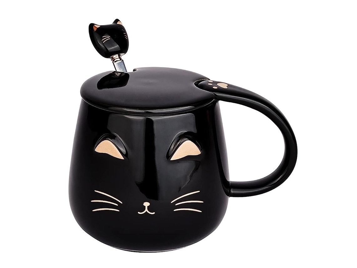 Linda Xícara De Café Cerâmica Com Tampa E Bela Colher Aço Inoxidável, 400 Ml Para Café, Leite Ou Chá. Aquaforge