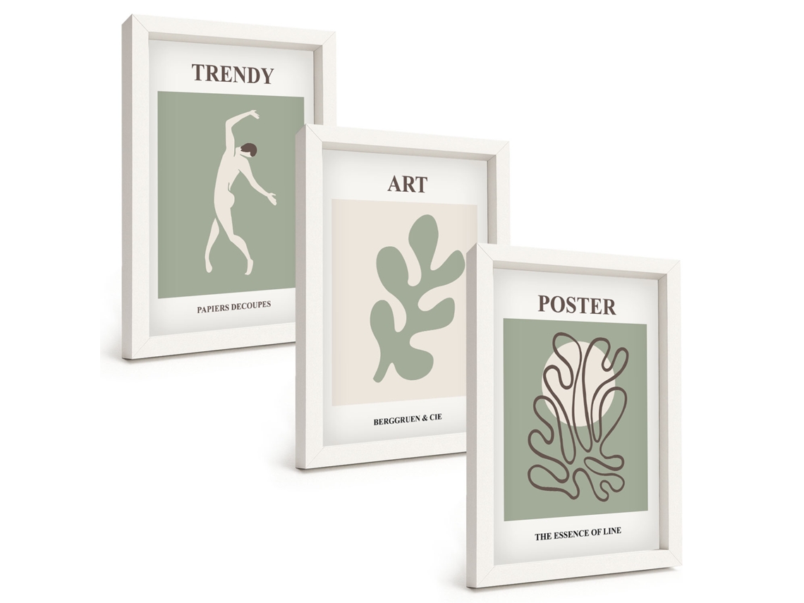 Composição De Quadros Na Parede Figuras Abstratas De Plantas Moldura Branca Quadros Para A Sala De Estar Espelharte (3 Peças 20x30 Cm)
