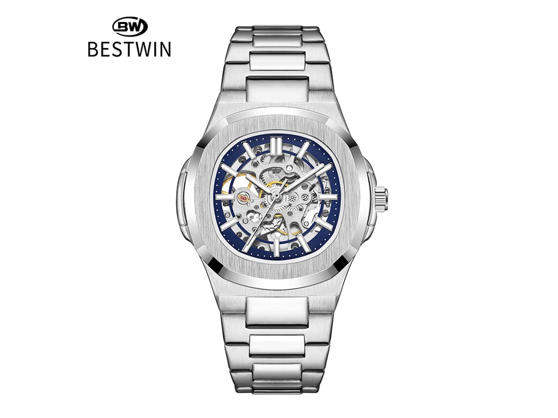 Relógio Mecânico Masculino Esqueleto Luminoso de Dupla Face MDUG (branco e azul)