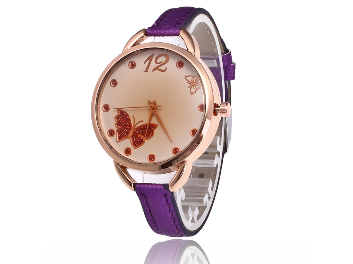 Relógio de Pulso Feminino de Couro Fashion com Mostrador Redondo e Movimento de Quartzo (roxo)