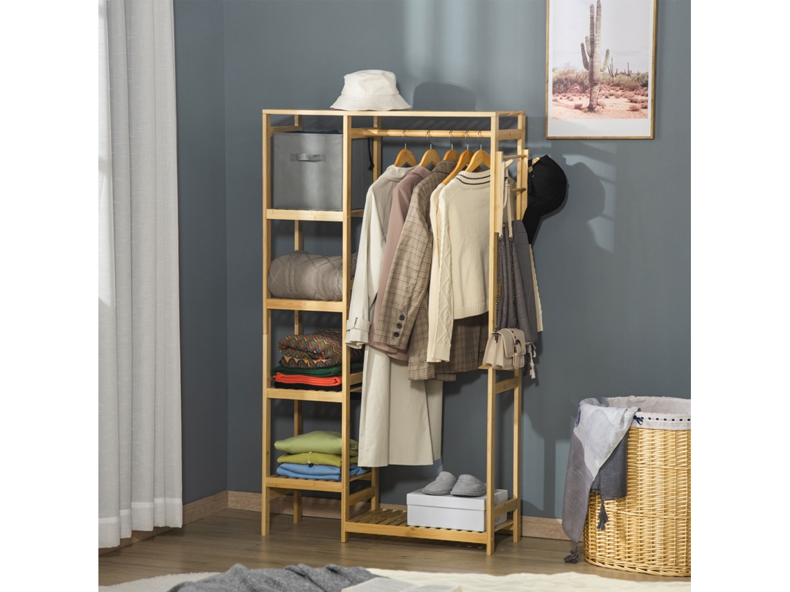 Cabideiro Guarda-roupas De Bambu Com Prateleiras, Vara E 2 Ganchos, 90x30x155cm