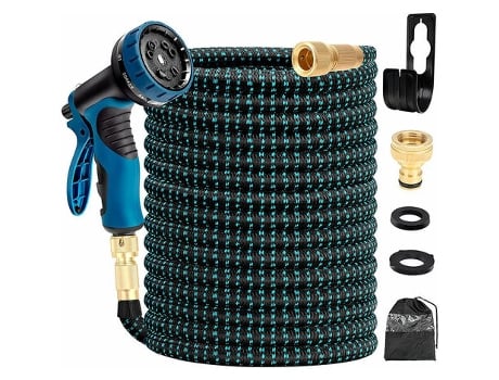 Mangueira de Jardim Azul 30m, Mangueira Retrátil 100ft com Suporte e Pistola de Rega 9 Funções, Conexões em Latão FNINIJEDE
