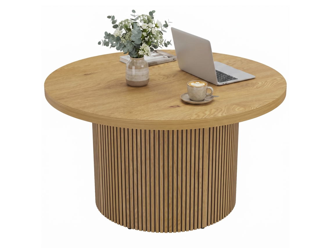 Mesa De Centro Redonda De Madeira. Mesa De Sala De Estar Com Pés Canelados. Estilo Moderno. Efeito Madeira Natural.