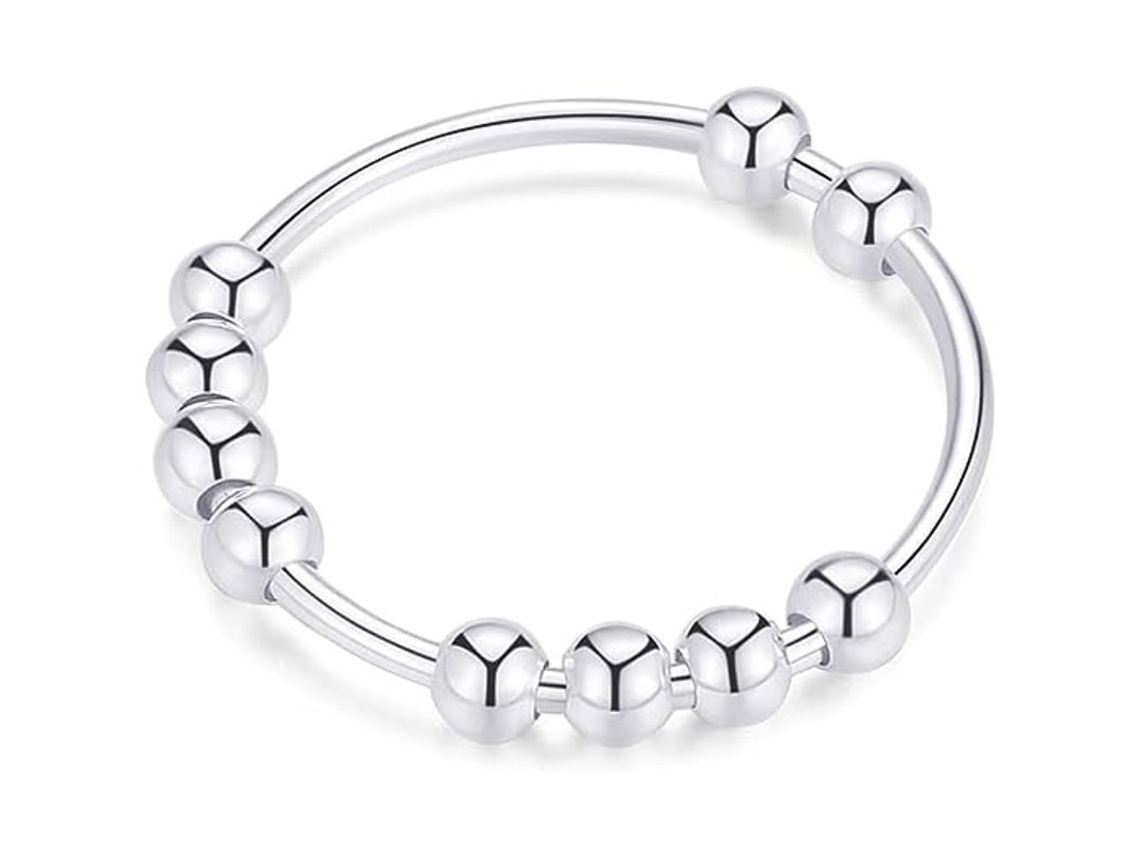2026 anillo Antiestrés de Plata de Ley 925 para Mujer/hombre Con Perlas Giratorias, Talla 7