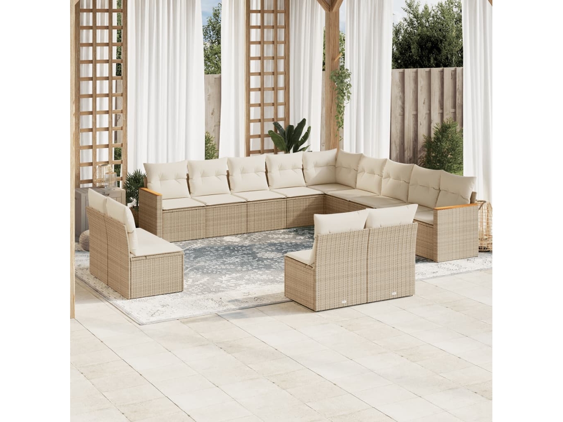 Vidaxl 13 Pcs Conjunto De Sofás P/ Jardim Com Almofadões Vime Pe Bege