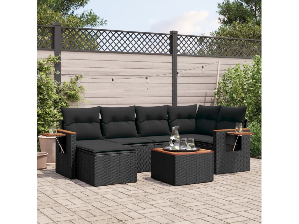 Vidaxl 7 Pcs Conjunto De Sofás P/ Jardim C/ Almofadões Vime Pe Preto