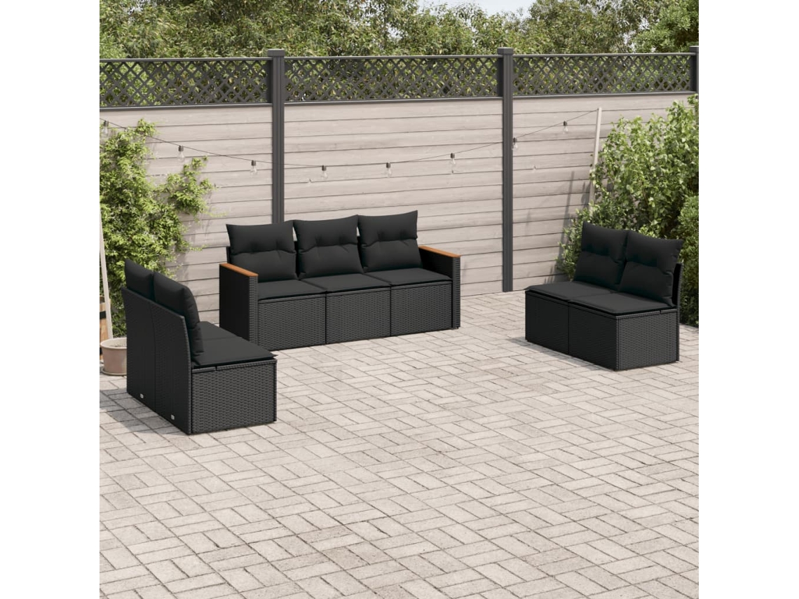 Jogo de Sofá 7 Peças P/ Jardim C/ Almofadões Vime Pe Preto Dkd Home Decor