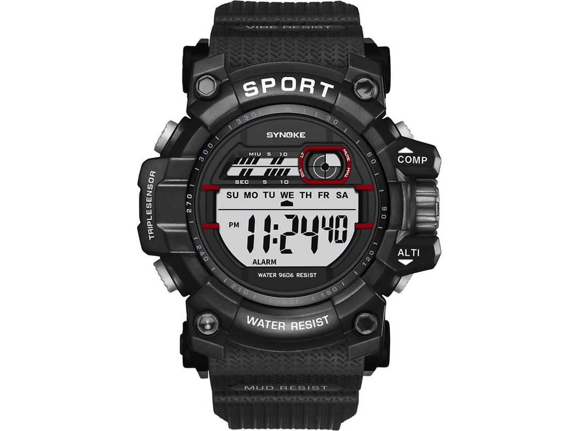 Relógio digital esportivo masculino à prova d'água Synoke 9009, preto.