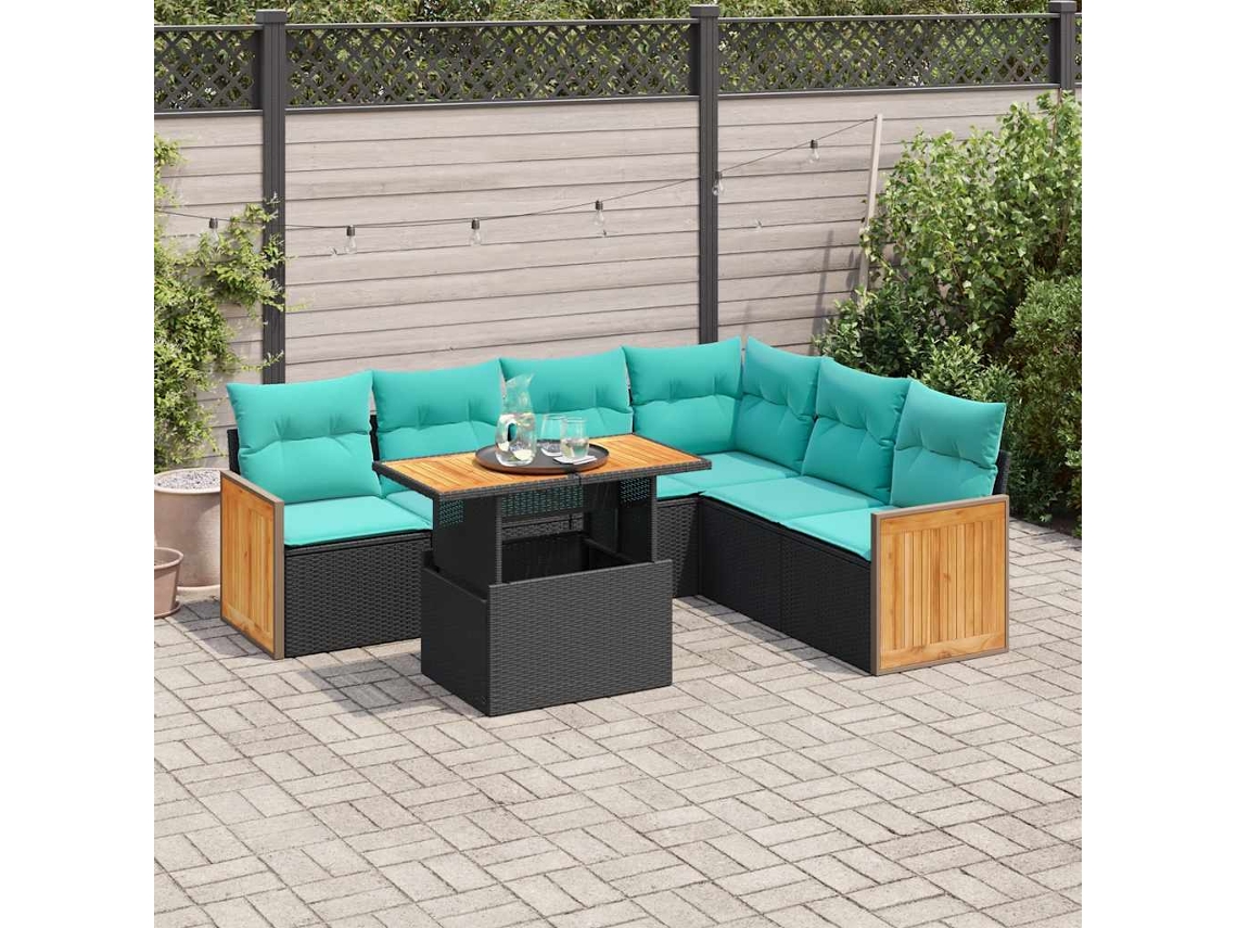 Vidaxl 7 Pcs Conjunto Sofás Jardim C/ Almofadões Vime Pe/acácia Preto