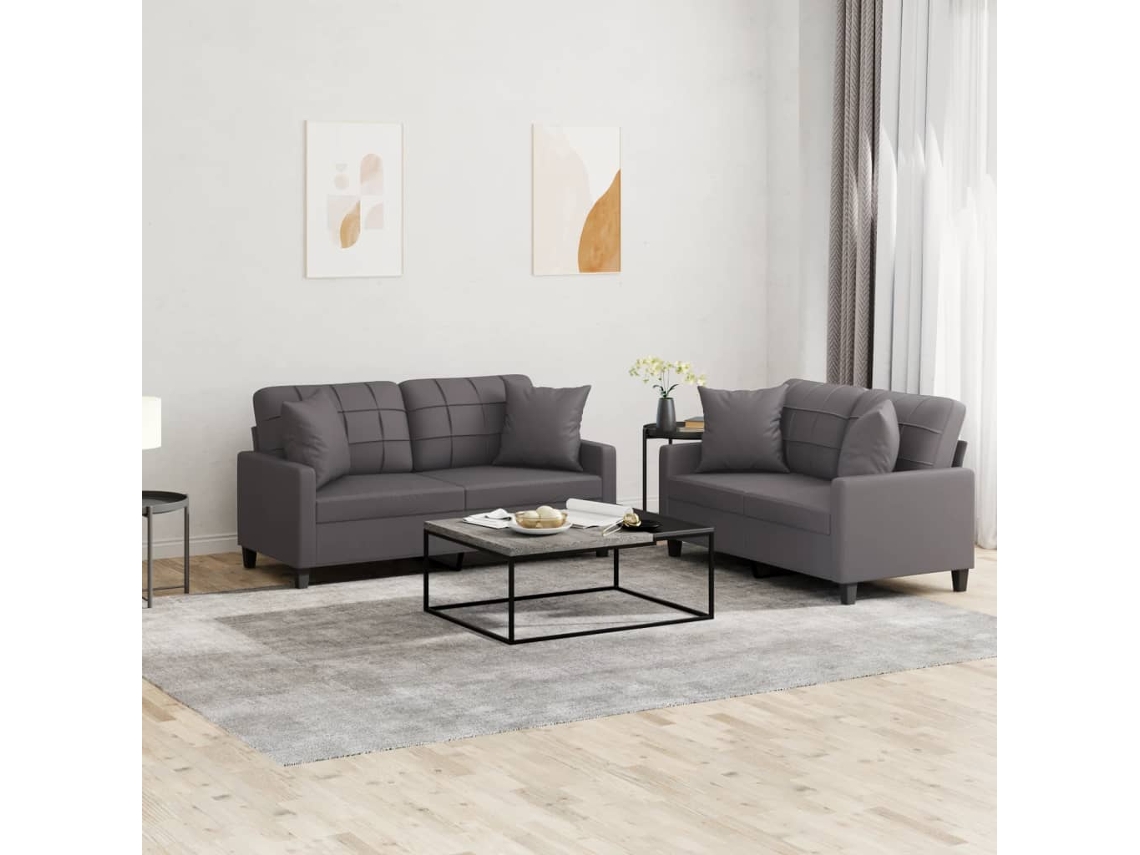 Vidaxl 2 Pcs Conjunto de Sofás com Almofadas Couro Artificial Cinzento