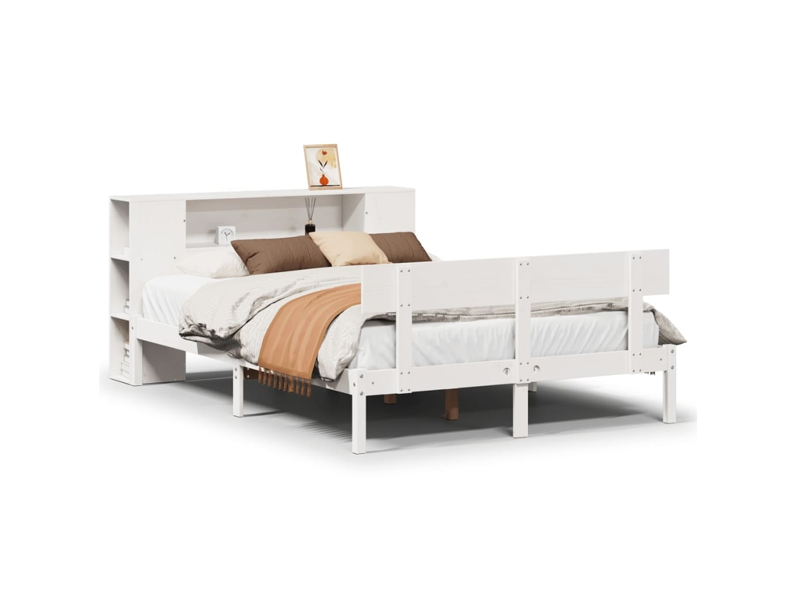 Cama com Estante Pinho Maciço Branco MAISON EXCLUSIVE (140x200 cm)