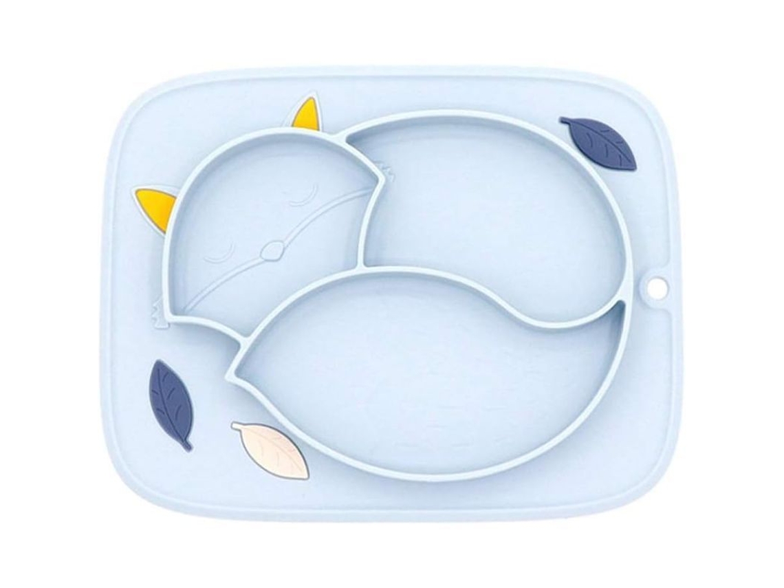 Prato de silicone infantil com divisórias e ventosa antiderrapante em formato de raposa, cor azul, 21,5 x 29 cm.