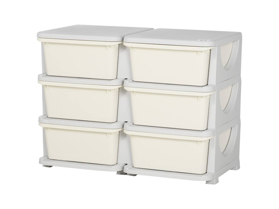Organizador De Brinquedos Com 3 Andares E 6 Gavetas Plásticas, 75x37x56,5cm, Na Cor Creme
