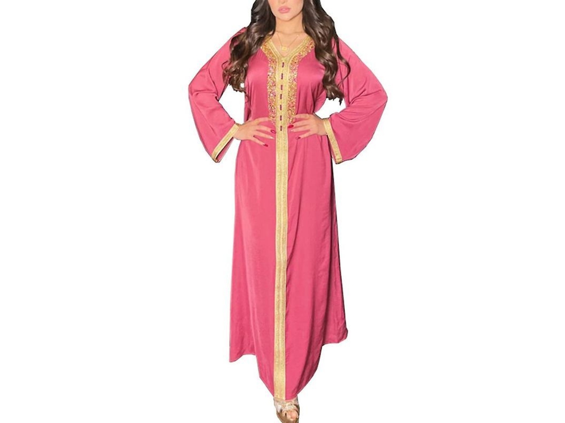 Vestido Longo Para Eid Al-fitr Com Detalhes De Renda Diamantada, Confortável E Suave Em Poliéster Rosa