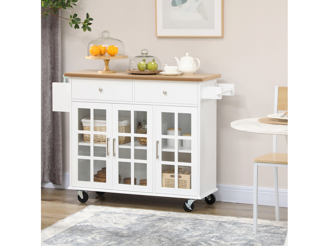 Carrinho de cozinha 124,5x39,5x90cm, branco e madeira, com rodas, 2 gavetas, 3 portas de vidro | S/MARCA