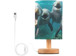 Abajur De Cabeceira Led Em Formato Golfinho, Perfeito Para Quarto, Leitura Com Cúpula De Tecido, Base De Madeira E Porta