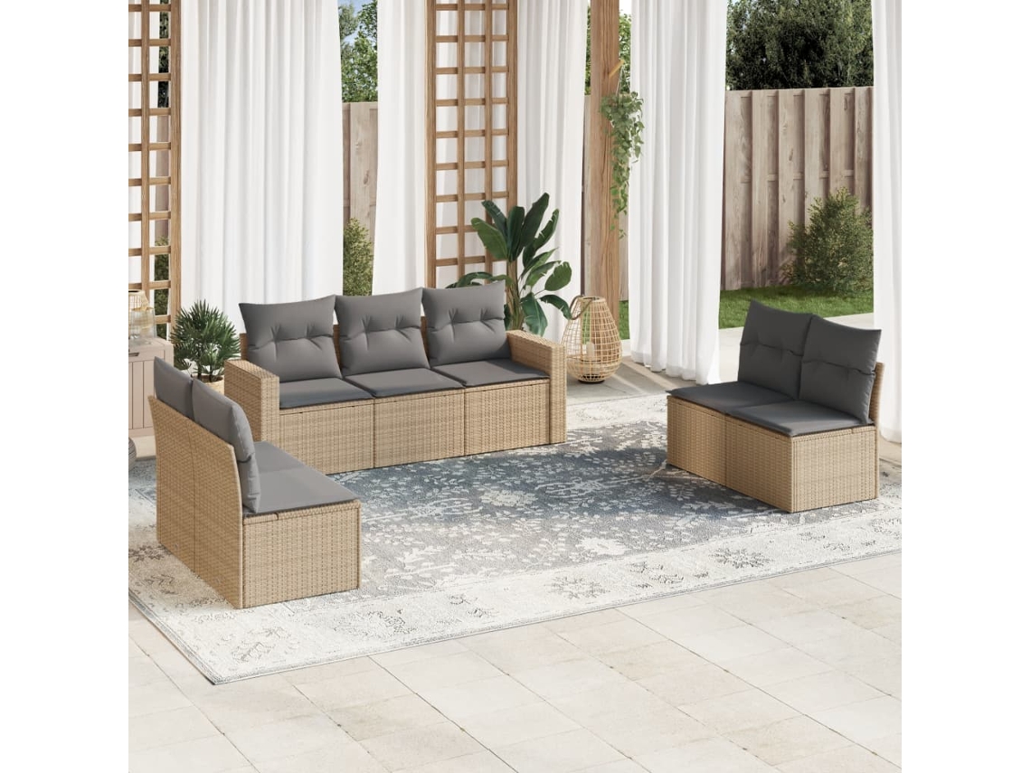 Vidaxl 7 Pcs Conjunto De Sofás P/ Jardim Com Almofadões Vime Pe Bege