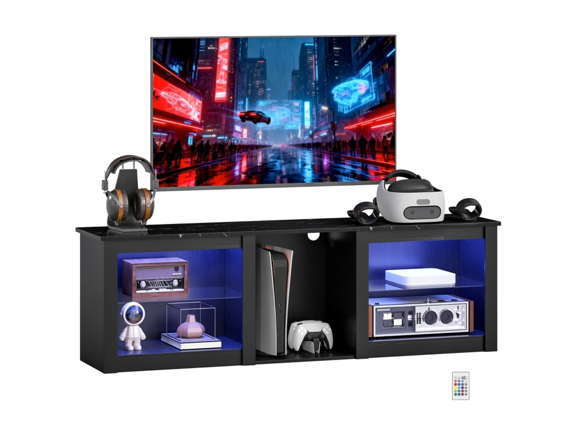 Suporte De Tv Com Led Para Tvs Até 65 Polegadas,prateleiras De Vidro Ajustáveis,cor Preta Elegante E Moderna